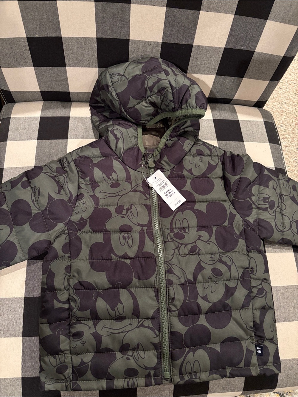 Disney Olive Green and Black Mickey Mouse Hooded Puffer Jacket